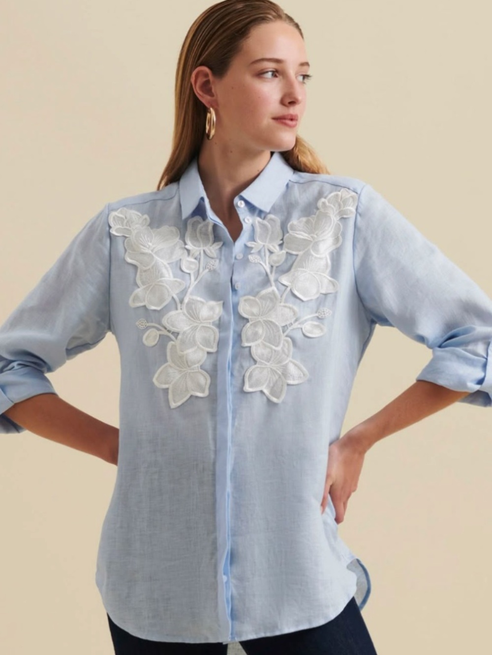 Anne Fontaine SOCOA 100% Linen Embroidered Blouse Size 42 / US 10 Blue